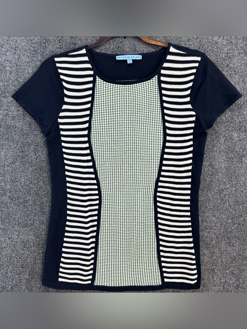 Antonio Melani Womens Short Sleeve Knit Top Small Navy Blue/White Nautical Work